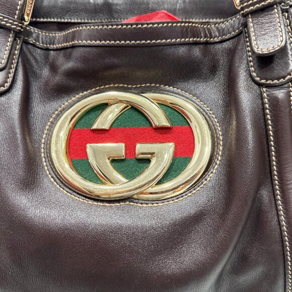 Gucci Britt GG Red Green Web Hobo Soho Leather Dark Brown Tote - MINT! - Picture 9 of 14